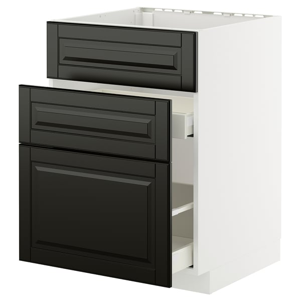 Modern kitchen cabinet, white with black drawers, sleek beveled edges, sturdy box shape, designed by ikea.