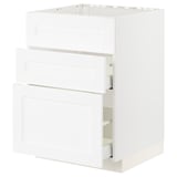 White METOD kitchen cabinet with partial open drawer.