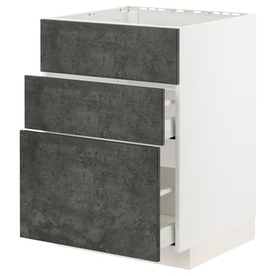 Modern white cabinet with 3 grey drawers, sleek design, sturdy construction.