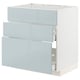 A white and grey-blue kitchen cabinet set. It a base unit with drawers and a wall unit from the METOD system with kallarp high-gloss grey-blue fronts.