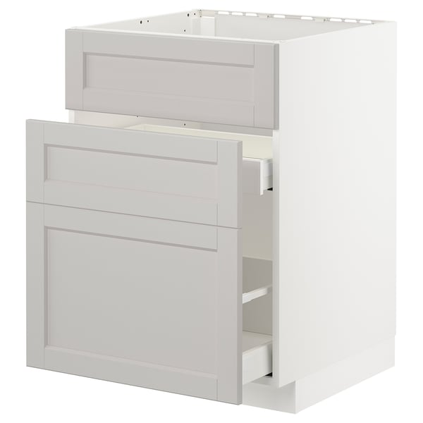 White METOD kitchen unit with bevelled light grey lerhyttan drawer fronts.