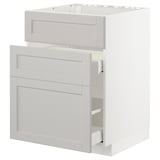 White METOD kitchen unit with bevelled light grey lerhyttan drawer fronts.