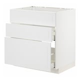 A white METOD kitchen cabinet with three drawers and a smooth, light design.