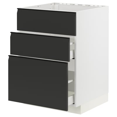 METOD kitchen unit with three black matte drawers on a white base, sleek handles, modern design.