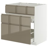 Modern kitchen unit with three dark grey-brown metallic drawers, sleek handles, and a white frame.