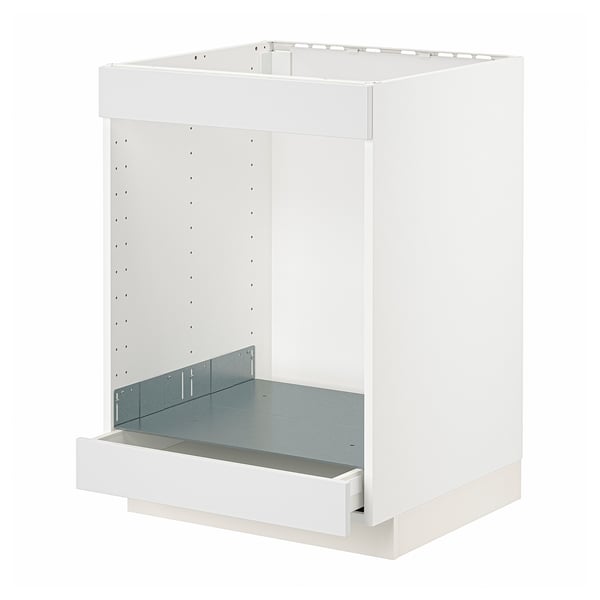 White METOD kitchen unit with open drawer and steel shelf, modern minimalist design.