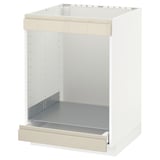 A white METOD kitchen cabinet with a beige voxtorp high-gloss drawer.