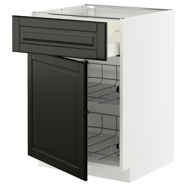 Modern kitchen unit, white and black. Open drawer and shelf space. Clean, organized design.