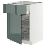 Modern kitchen cabinet with gray-green high-gloss door, medium-sized drawer and metal wire basket.