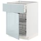 Modern white kitchen cabinet with grey-blue drawers, metal shelves.