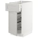 White kitchen cabinet with beveled light grey doors, wire shelves, metal drawer, and wooden construction.