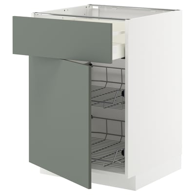 Modern kitchen cabinet with grey-green drawers, 3 wire baskets, white frame, sleek design.