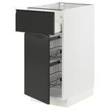 Modern white kitchen cabinet with matte black drawer, metal shelves, integrated handle, and sleek design.
