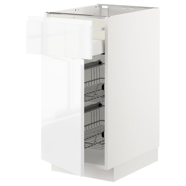 Modern, white, ikea METOD cabinet with glossy finish, featuring pull-out wire baskets for kitchen storage, slim rectangular shape.