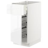 Modern, white, ikea METOD cabinet with glossy finish, featuring pull-out wire baskets for kitchen storage, slim rectangular shape.