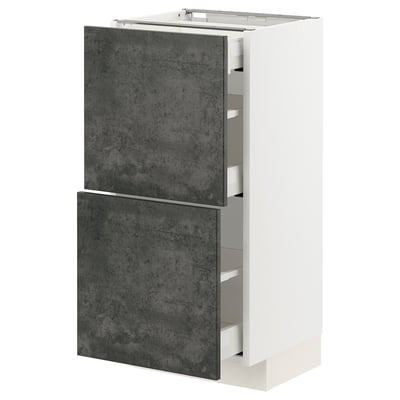 Modern kitchen cabinet in white with dark grey concrete effect drawers, rectangular shape, urban design.