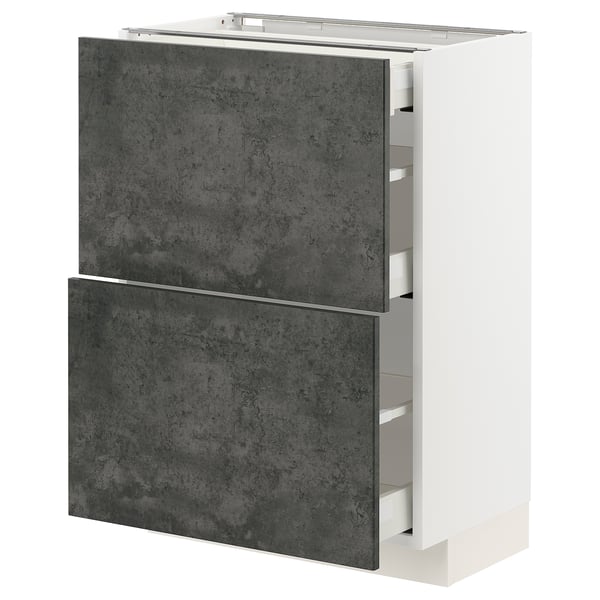 Modern kitchen cabinet, white and grey, rectangular, sleek drawers.