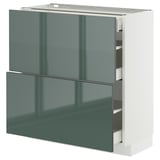 Modern grey-green high-gloss kitchen cabinet with white base, featuring multiple drawers and sleek design.
