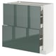 Modern grey-green high-gloss kitchen cabinet with white base, featuring multiple drawers and sleek design.