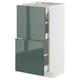 Modern kitchen cabinet in white and high-gloss grey-green with pull-out drawers.