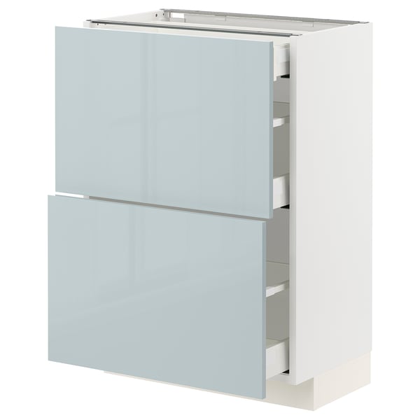 An ikea METOD kitchen unit with gray-blue high-gloss fronts and white base. It has multiple drawers for storage.