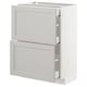 Modern white kitchen cabinet with two open drawers, sleek design, and beveled edges.