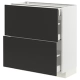 Modern black kitchen cabinet with two large drawers, sleek design, white frame, and sturdy construction.