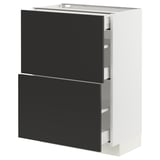 Modern kitchen cabinet in white with black drawers, sleek and minimalist design, offers ample storage.