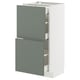 METOD kitchen unit with green-gray drawers and white sides.