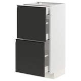 Modern white kitchen cabinet with sleek black drawers, minimalist handles, and integrated design.