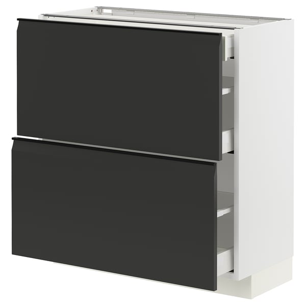Modern kitchen unit: METOD with black drawers, metallic handles.