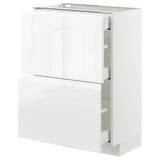 White METOD kitchen cabinet, glossy finish, two drawers, modern design.