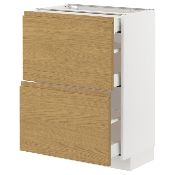 Modern kitchen cabinet with oak wood texture, white frame, two drawers, sleek design.