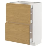 Modern kitchen cabinet with oak wood texture, white frame, two drawers, sleek design.