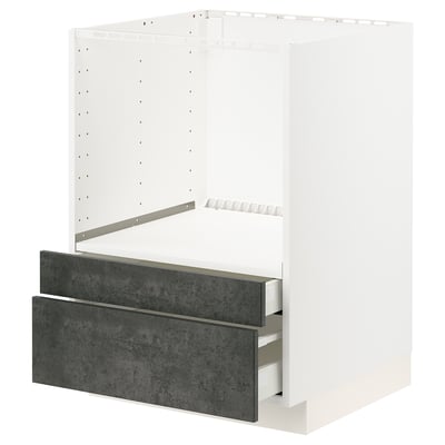 METOD kitchen unit with dark grey drawers, metallic frame, and multiple shelves.