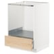 A white METOD kitchen cabinet with a light ash wooden drawer partially pulled out.