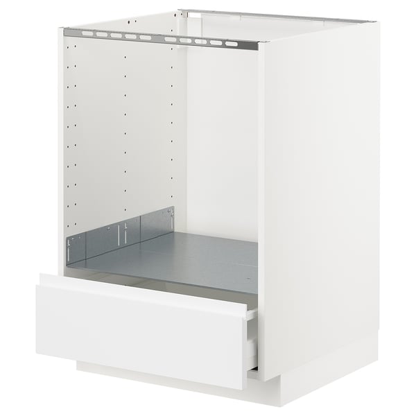 White METOD kitchen cabinet with partial drawer, modern minimalist design.