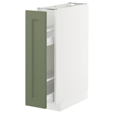 Open white METOD kitchen cabinet with green door and shelves.