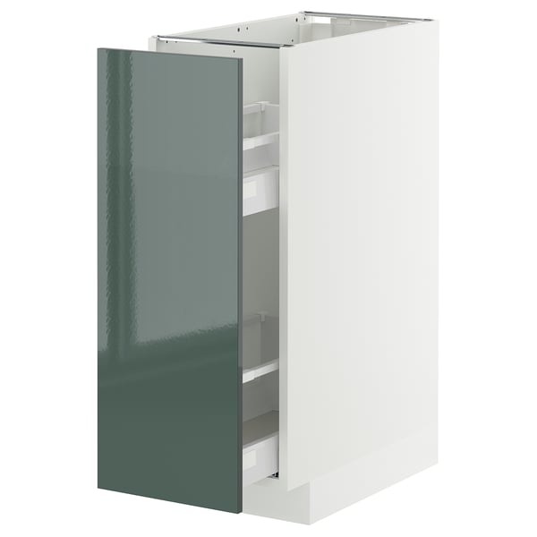 Modern white cabinet with high-gloss grey-green door, sleek design, metal runners.