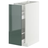 Modern white cabinet with high-gloss grey-green door, sleek design, metal runners.
