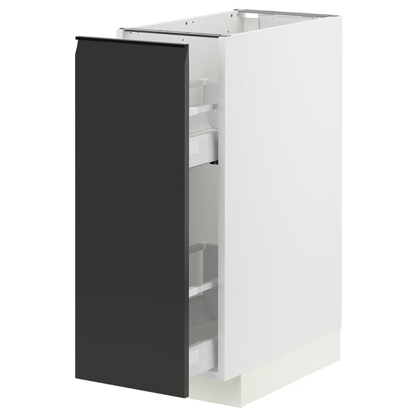 Modern kitchen cabinet in white with black door, square shape, flat-panel design.