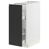 Modern kitchen cabinet in white with black door, square shape, flat-panel design.