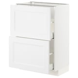 A white ikea METOD kitchen cabinet with two drawers and a wire shelf top.