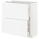 White METOD kitchen cabinet. Two large doors, one open revealing shelves. Modern, rectangular design.
