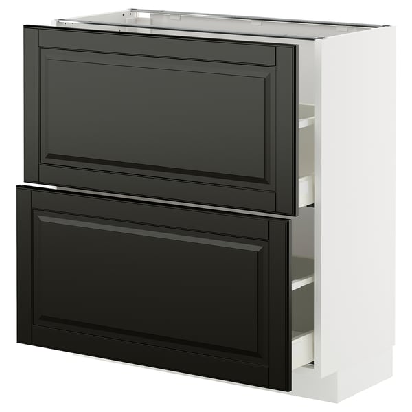 Its an a white ikea METOD kitchen cabinet with black bodbyn drawers and doors with beveled edges.