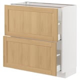 Modern kitchen cabinet with oak wood doors. Drawers, white framed.