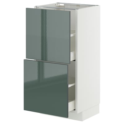 A METOD kitchen unit with high-gloss grey-green drawers and a white frame. It two large drawers with a sleek, modern design.