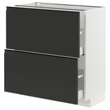 Modern black and white kitchen cabinet. Oval shape with flat design, two dark sliding drawer fronts.