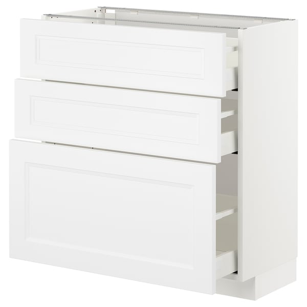 White METOD kitchen unit with three drawers, sleek design, modern and practical storage.