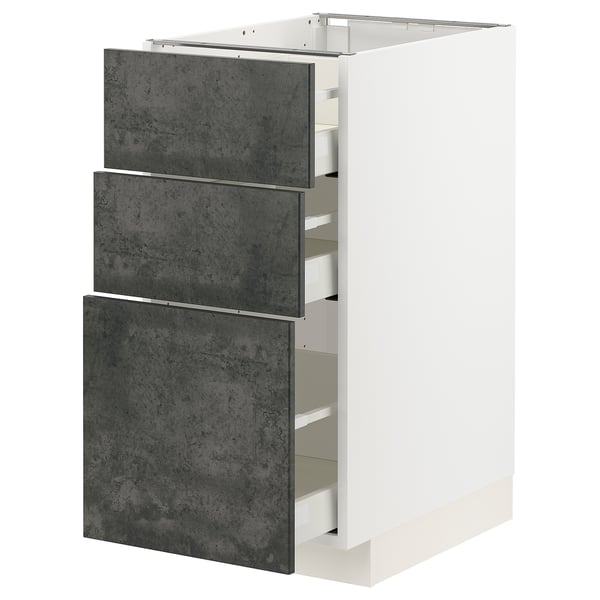 METOD kitchen unit with three dark grey drawers, sleek design.